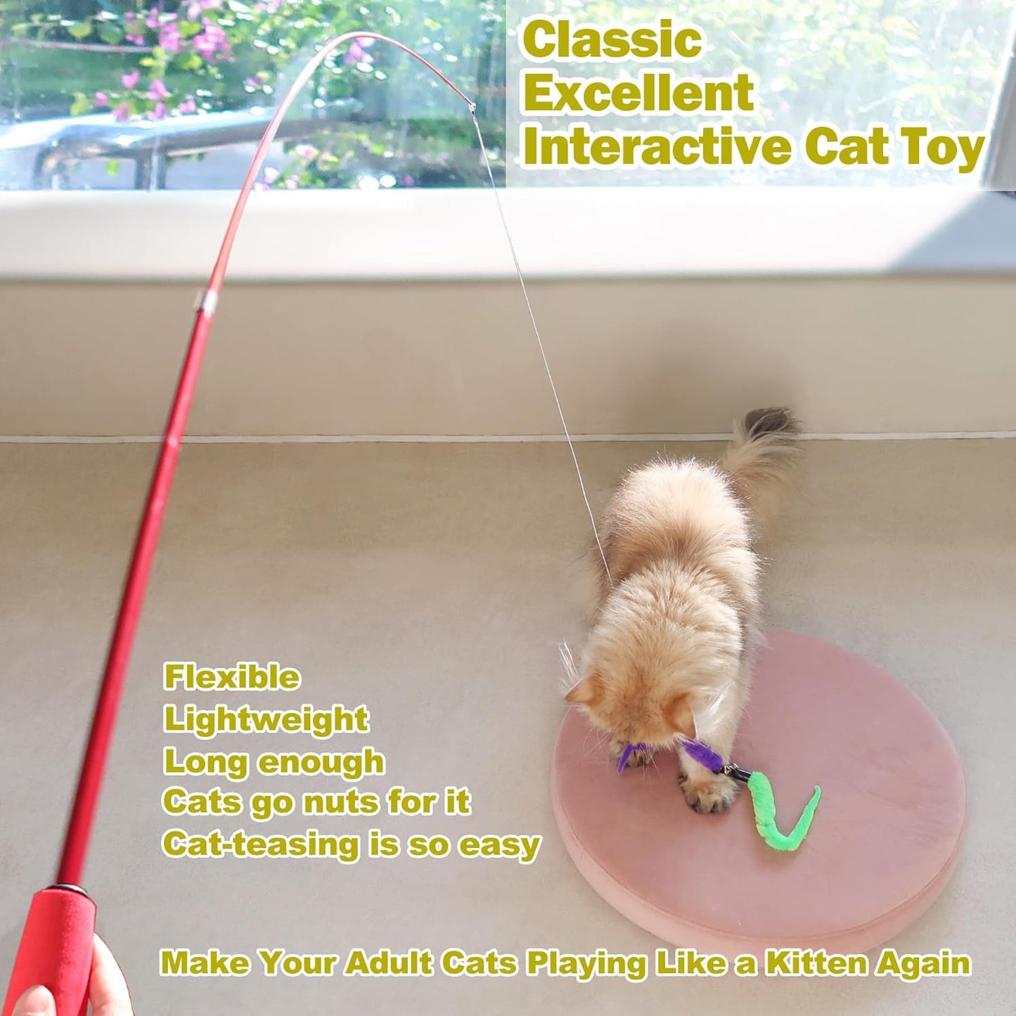 Cat Feather Toy, Retractable Cat Toys Wand 2 Wands & 9 Assorted Teaser Refills, Interactive Feather Teaser Wand Toy Bell Kitten Cat Having Fun Exerciser Playing