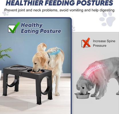 Slow Feeder Dog Bowl Elevated Food and Water Bowl Stand for Large Medium Sized Dog, 4 Heights Adjustable, Non-Slip, Durable, Prevents Bloating & Improves Digestion for Dogs