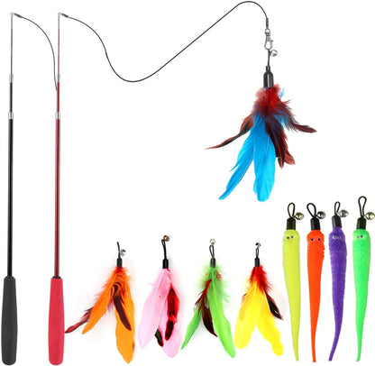 Cat Feather Toy, Retractable Cat Toys Wand 2 Wands & 9 Assorted Teaser Refills, Interactive Feather Teaser Wand Toy Bell Kitten Cat Having Fun Exerciser Playing