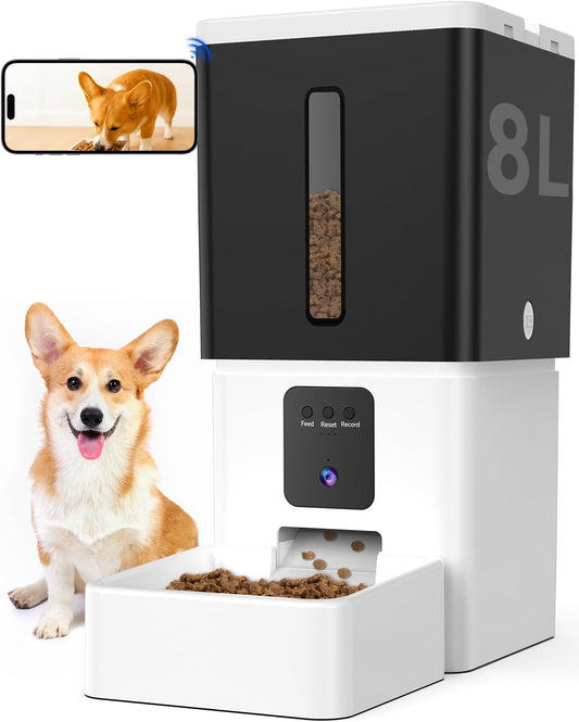 Automatic Dog Feeder with Camera: 8L/33 Cups 5G Wifi Timed Food Dispenser for Medium Dogs - 1080P HD Night Vision Video Recording 2-Way Audio APP Control