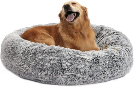 Calming Donut Dog Bed, 36 Inches round Fluffy for Large Dogs, Anti-Anxiety Plush, Machine Washable (Dark Grey, Large)
