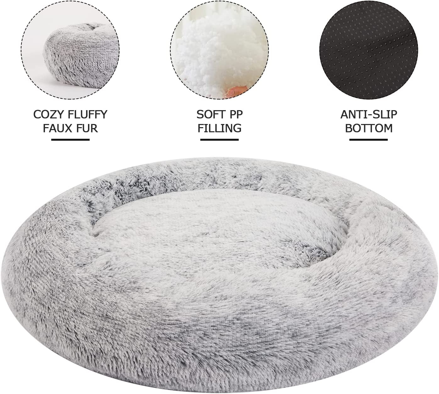 Calming Donut Dog Bed, 36 Inches round Fluffy for Large Dogs, Anti-Anxiety Plush, Machine Washable (Dark Grey, Large)