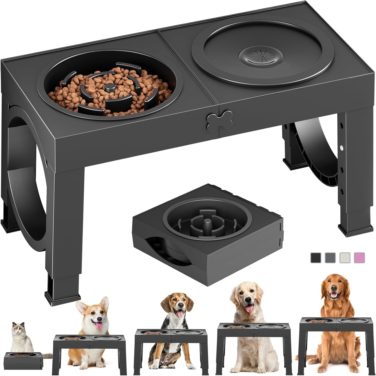 Slow Feeder Dog Bowl Elevated Food and Water Bowl Stand for Large Medium Sized Dog, 4 Heights Adjustable, Non-Slip, Durable, Prevents Bloating & Improves Digestion for Dogs