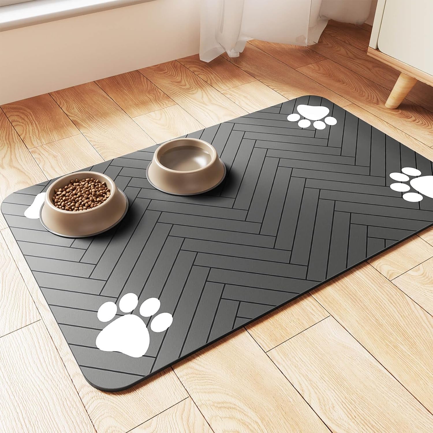 Pet Feeding Mat-Absorbent Pet Placemat for Food and Water Bowl, with Waterproof Rubber Backing, Quick Dry Water Dispenser Mat for Dog and Cat (20"X12", Striped Dark Gray)