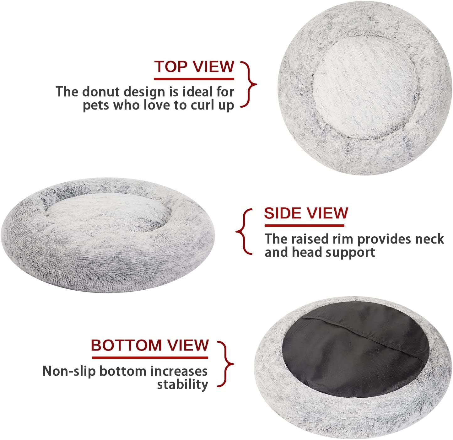 Calming Donut Dog Bed, 36 Inches round Fluffy for Large Dogs, Anti-Anxiety Plush, Machine Washable (Dark Grey, Large)