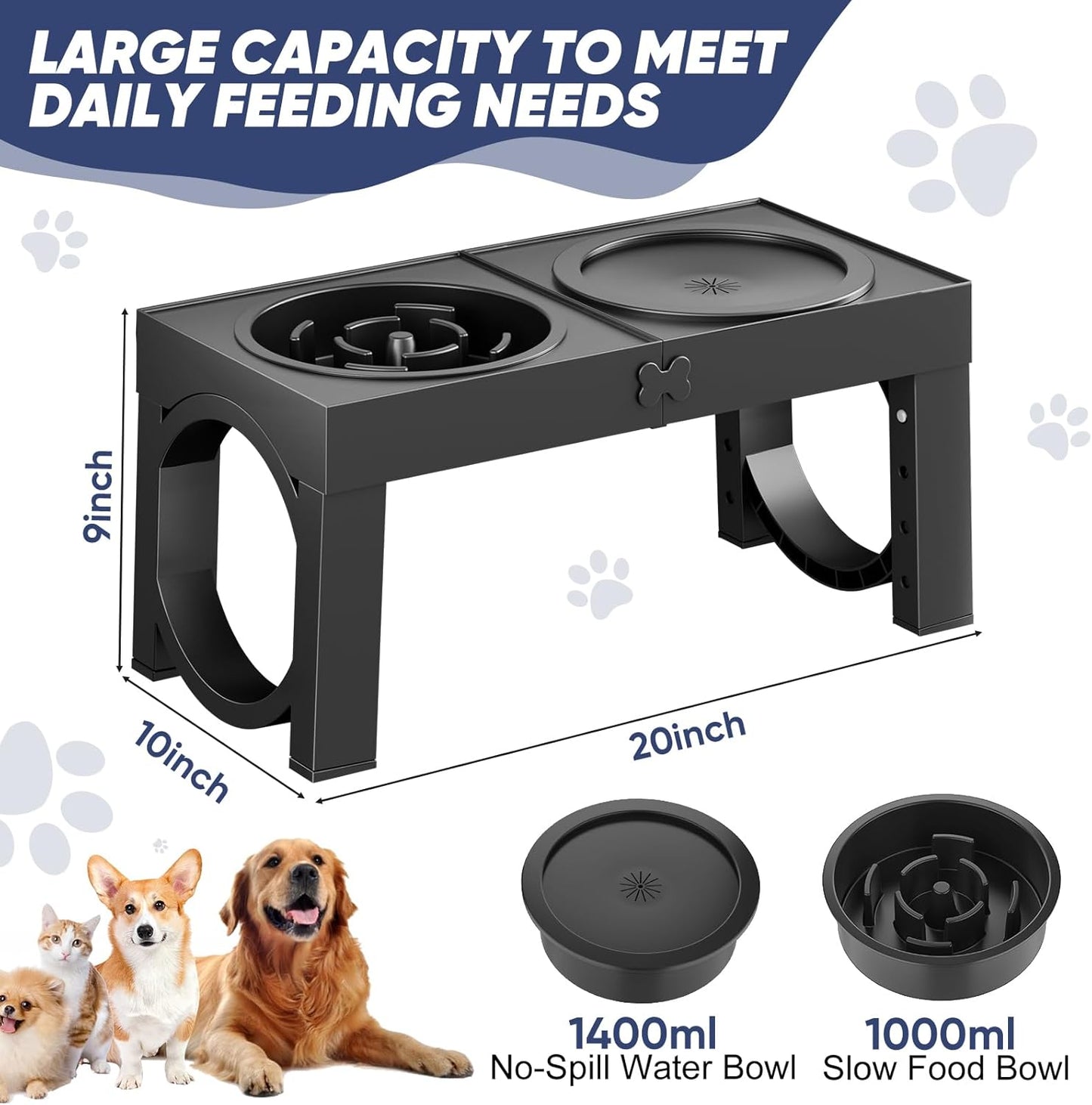 Slow Feeder Dog Bowl Elevated Food and Water Bowl Stand for Large Medium Sized Dog, 4 Heights Adjustable, Non-Slip, Durable, Prevents Bloating & Improves Digestion for Dogs