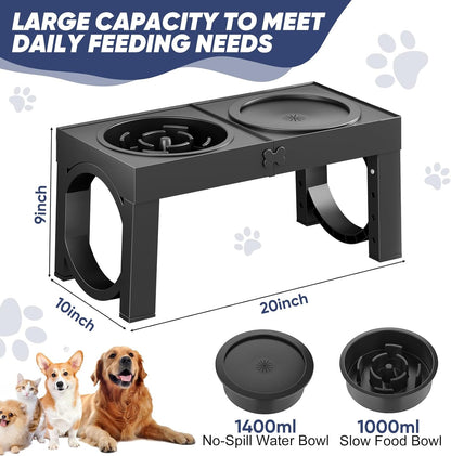 Slow Feeder Dog Bowl Elevated Food and Water Bowl Stand for Large Medium Sized Dog, 4 Heights Adjustable, Non-Slip, Durable, Prevents Bloating & Improves Digestion for Dogs